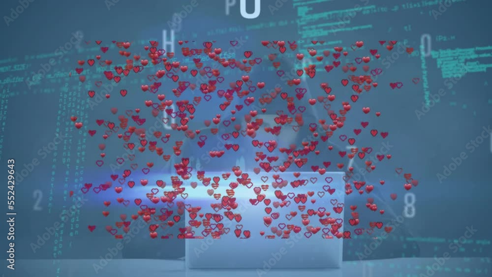 Poster animation of data processing and hearts over caucasian hacker using laptop