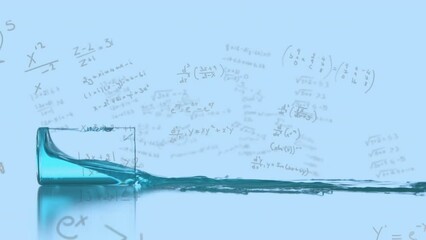 Animation of abstract pattern, math equations over liquid spilled from falling glass beaker on table - Powered by Adobe