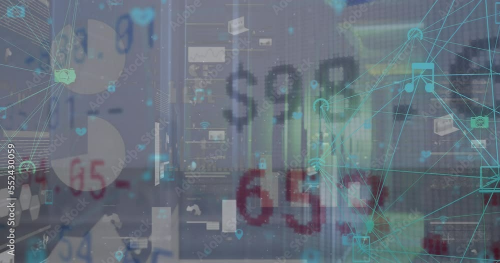 Aufkleber animation of connected icons with moving stock market data over infographic interface