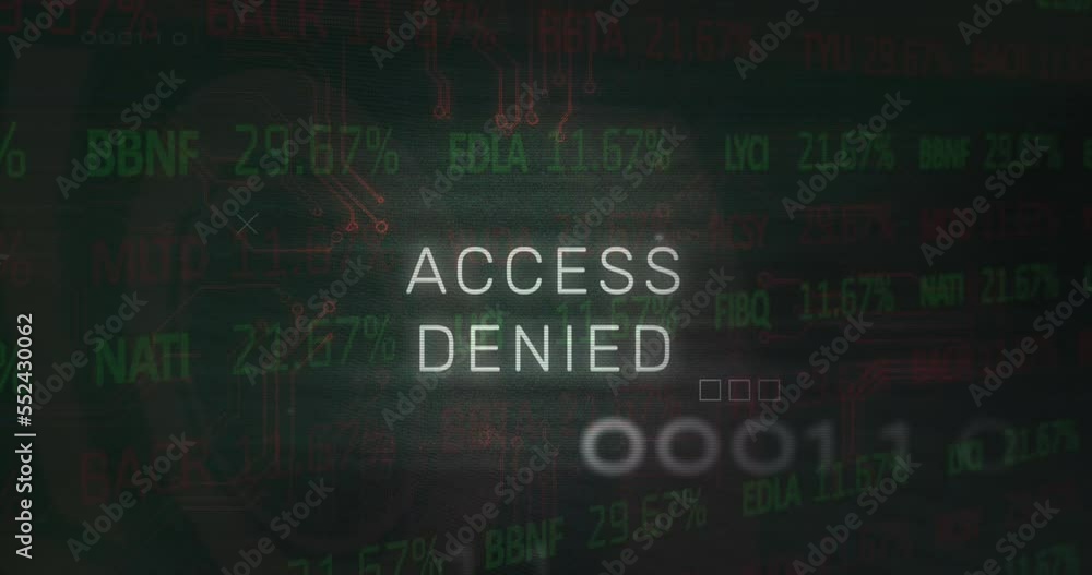 Poster animation of access denied text, x symbol, binary codes, circuit board texture over trading board
