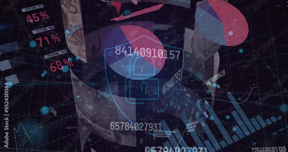 Poster animation of rotating hud interface, graphs, database and padlock in shield over abstract background