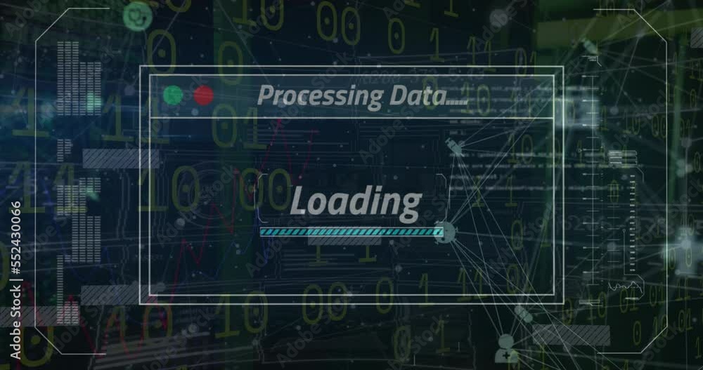 Poster animation of processing data, loading text with bar over binary codes and connected icons