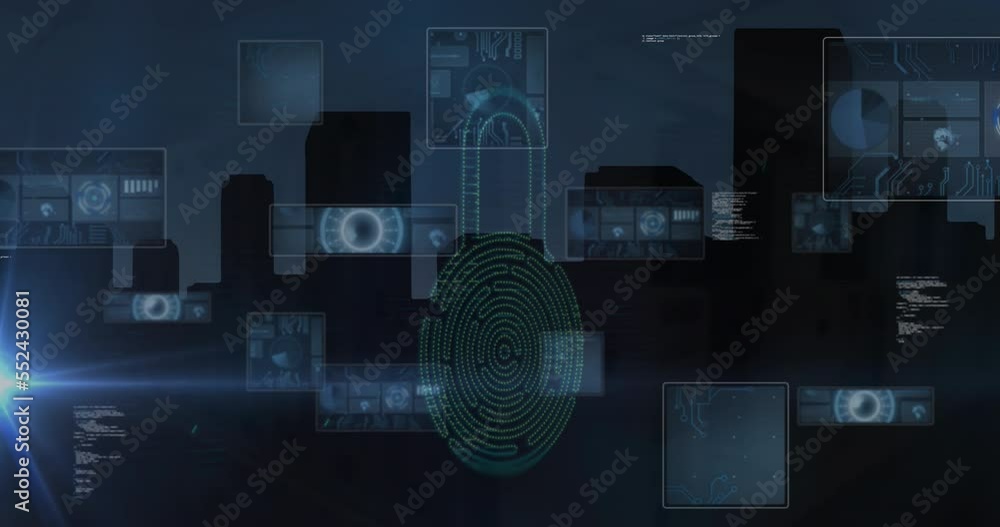 Poster animation of multiple infographic interfaces over fingerprint and padlock against buildings