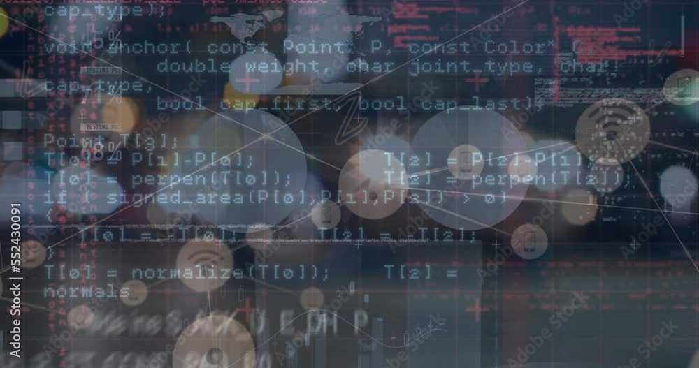 Poster animation of computer language, connected icons, bokeh over midsection of people walking on street