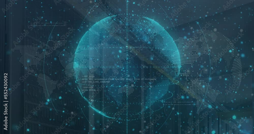 Poster animation of abstract pattern around rotating globes over programming language and dots over map