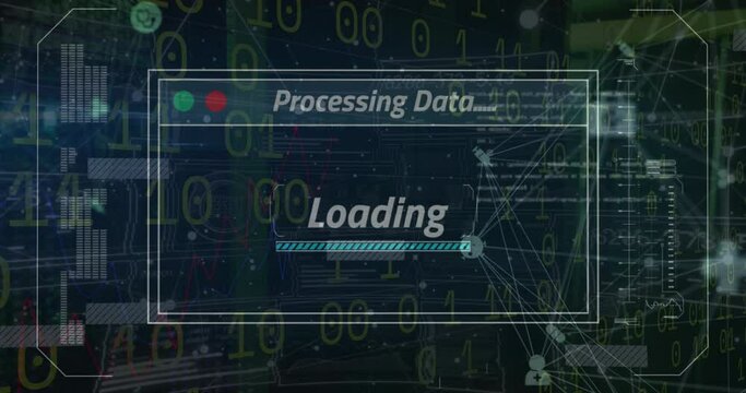 Animation of processing data, loading text with bar over binary codes and connected icons