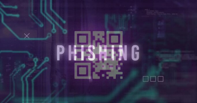 Animation of x mark on phishing text and qr code, binary codes against circuit board texture