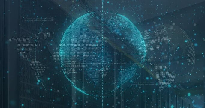 Animation of abstract pattern around rotating globes over programming language and dots over map
