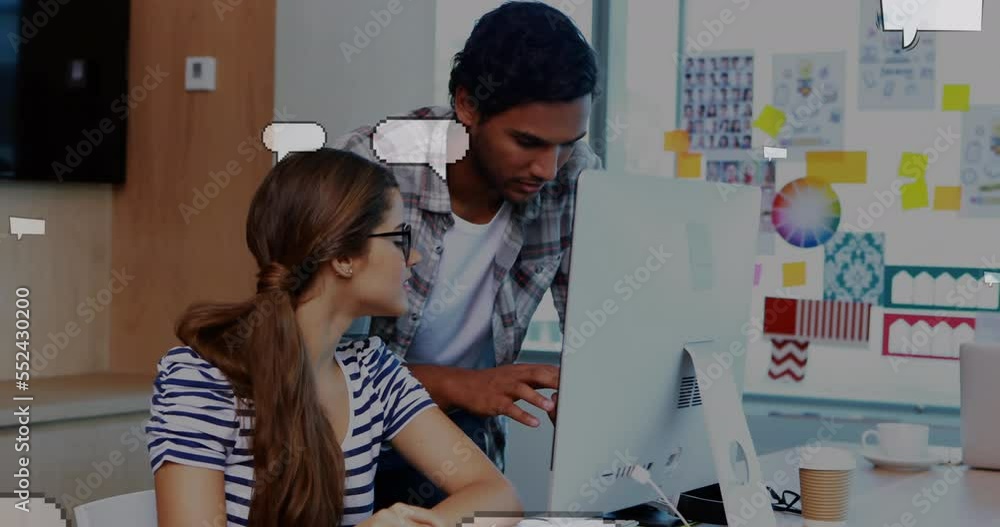 Poster animation of floating speech bubbles over multiracial coworkers discussing over desktop in office