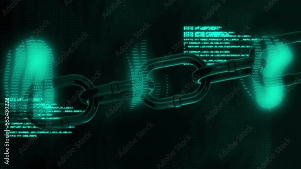 Poster animation of abstract pattern, blockchain and programming language against black background