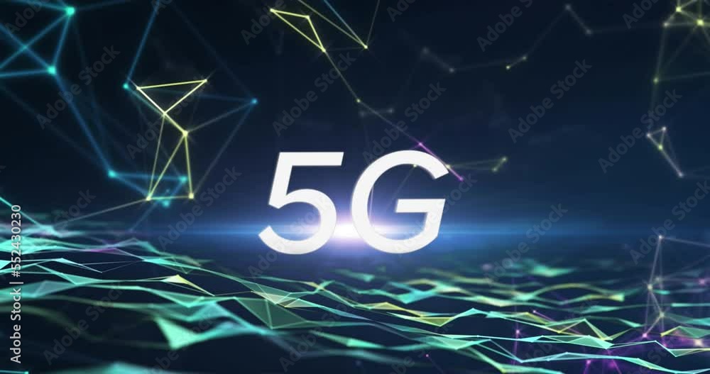 Poster animation of 5g text over dots connecting and forming geometric shapes over digital waves