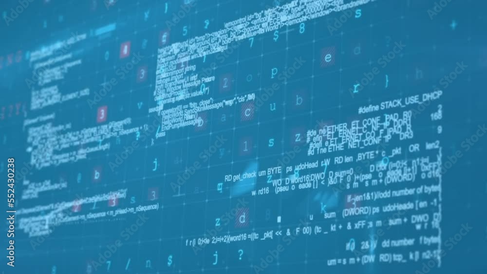 Poster animation of multiple texts, alphabets, numbers, symbol, programming language over blue background