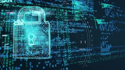 Animation of circuit board texture in padlock, abstract pattern over programming language - Powered by Adobe