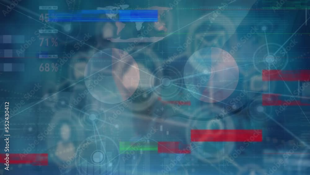 Poster animation of glitched multicolored bars, connected dots over infographic interface with icons