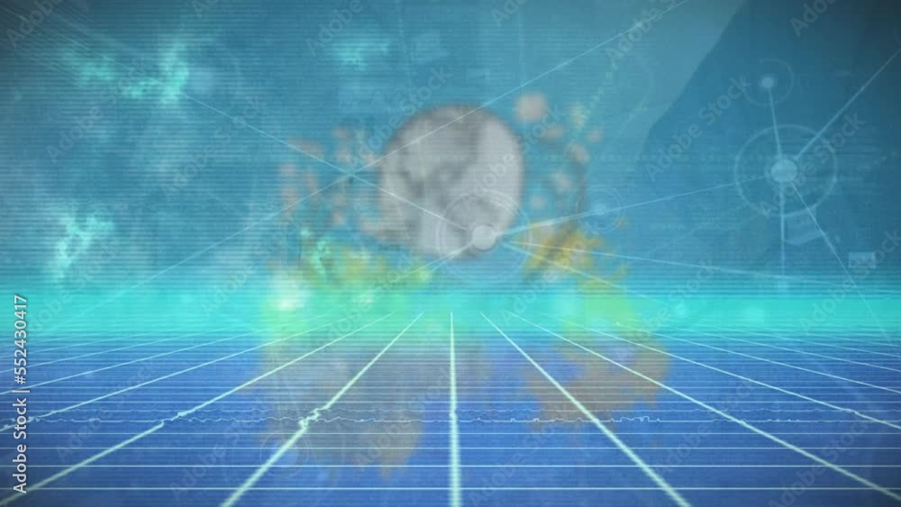Fototapete animation of dots connected with lines and grid pattern over database against abstract background