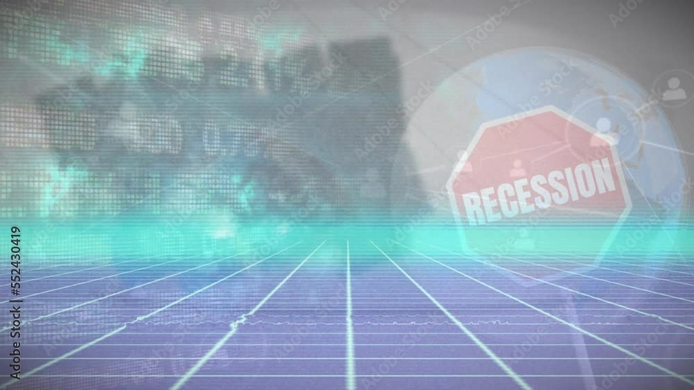 Poster animation of recession text in hexagon over globe and grid pattern against trading board