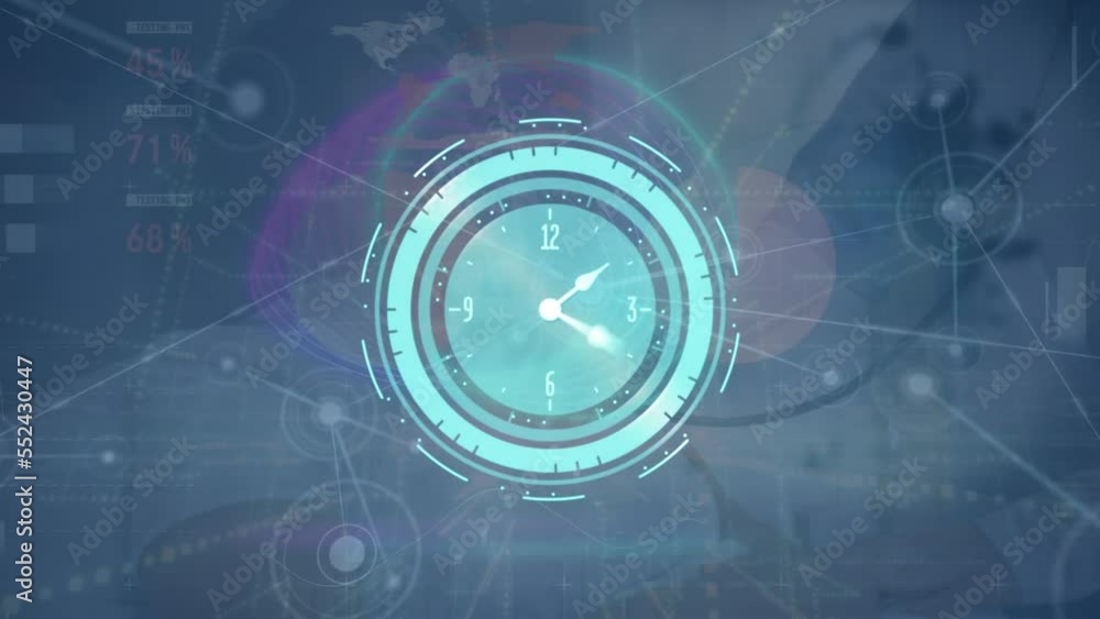 Fototapete animation of digital clock over dots connected with lines over infographic interface in background