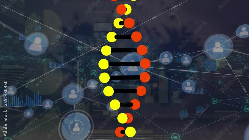 Aufkleber animation of rotating dna helix over icons connected with lines over infographic interface