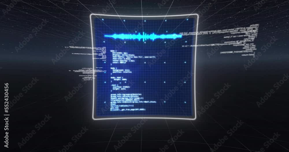 Poster animation of infographic interfaces and programming language against black background