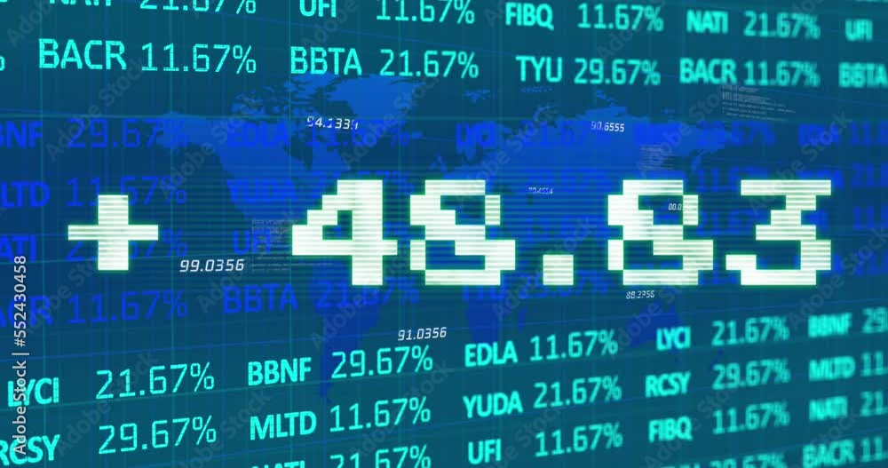 Poster animation of addition symbol with numbers and trading board against map over blue background