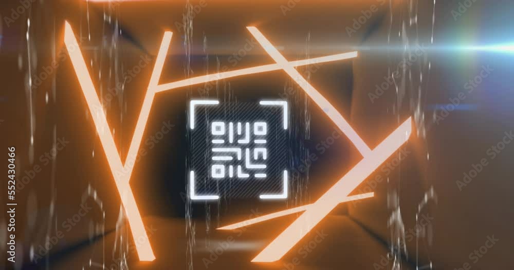 Poster animation of lens flare, connected dots forming geometric shapes and qr code in abstract pattern