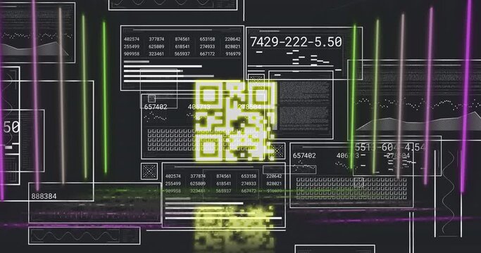 Animation of qr code between lines, multiple numbers in squares and circles, graphs