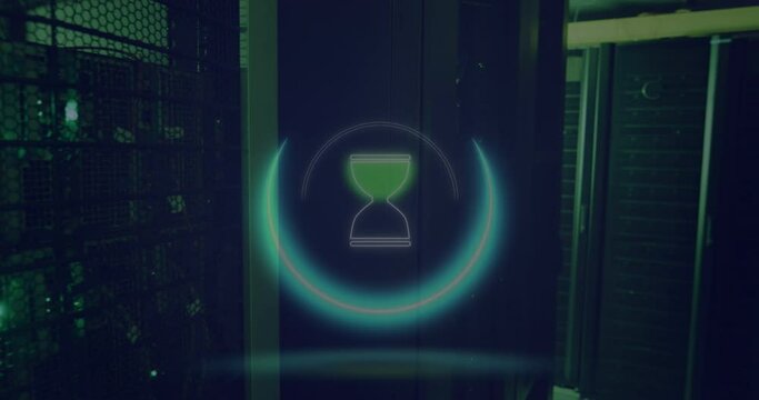 Animation of hourglass in circle against server room in background - Powered by Adobe