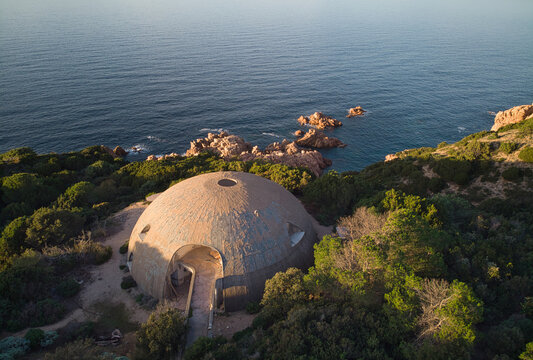 Aerial View of abandoned futuristic house  belonged to the former Oscar winner Michelangelo Antonioni,  The "Dome Cupole" named for its shape  built in 1970 by Dante Bini in Costa Paradiso Sardinia