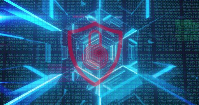 Animation of security padlock icon over blue tunnel in seamless pattern against binary coding