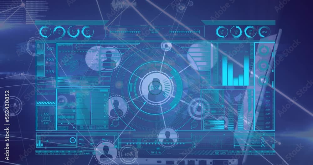 Aufkleber animation of profile icon in circles connected with lines over hud interface against blue background