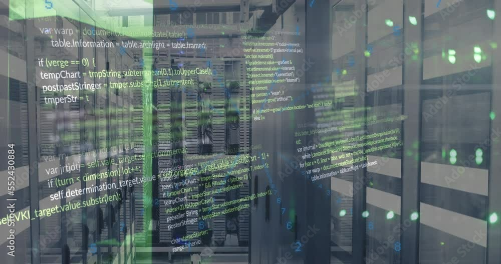Poster animation of programming language with glowing dots over server room