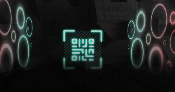 Animation of blinking qr code and circles over stone abstract structure in background