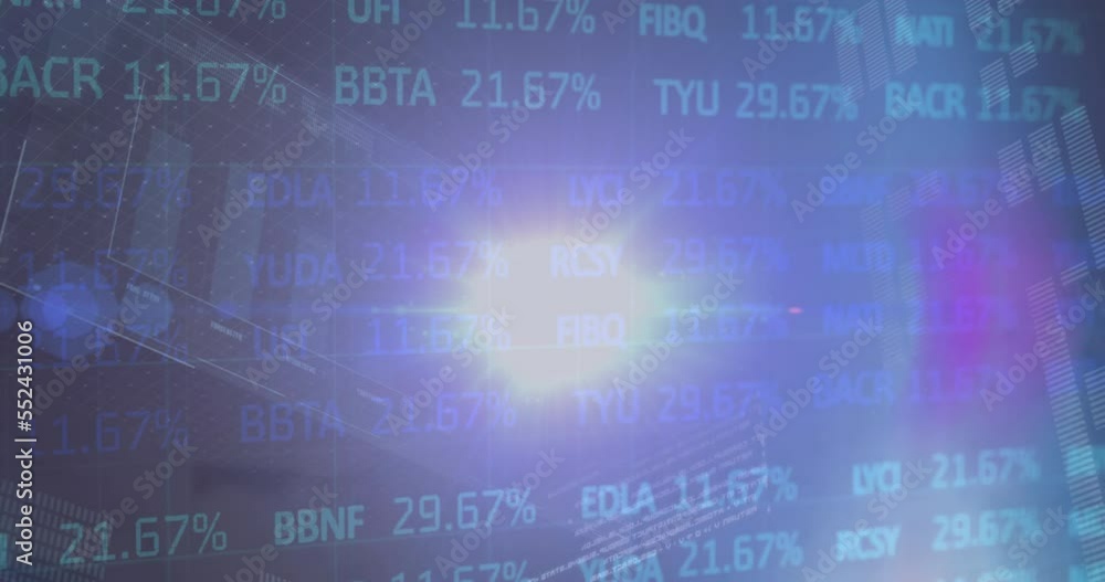 Poster animation of glowing lens flare, multiple bar graphs over trading board against abstract background