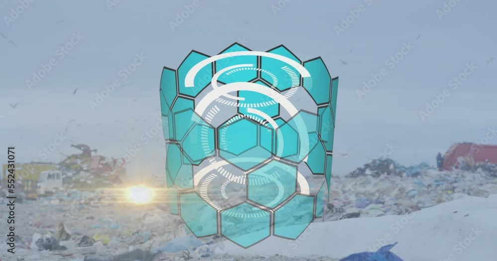 Poster animation of loading circles and hexagon pattern with seagulls flying over dump yard