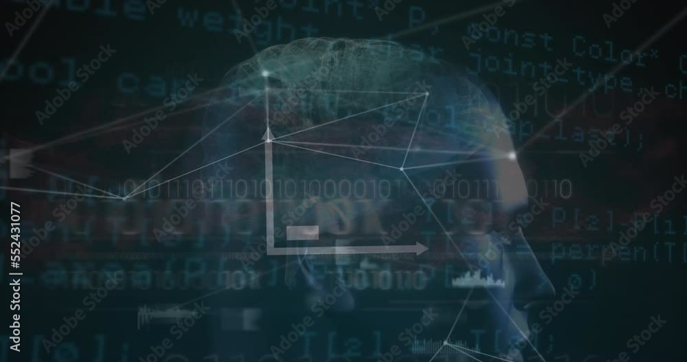 Poster animation of bar graph, connected dots, programming language and binary codes over human anatomy