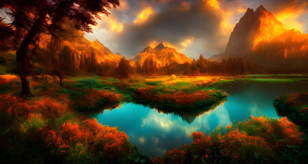 Fototapeta na wymiar Ai Digital Illustration Beautiful Realistic Mystical Landscape
