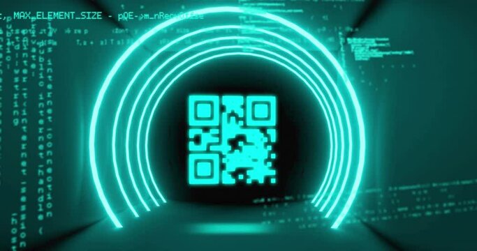 Animation of qr code in circular tunnel and programming language against black background