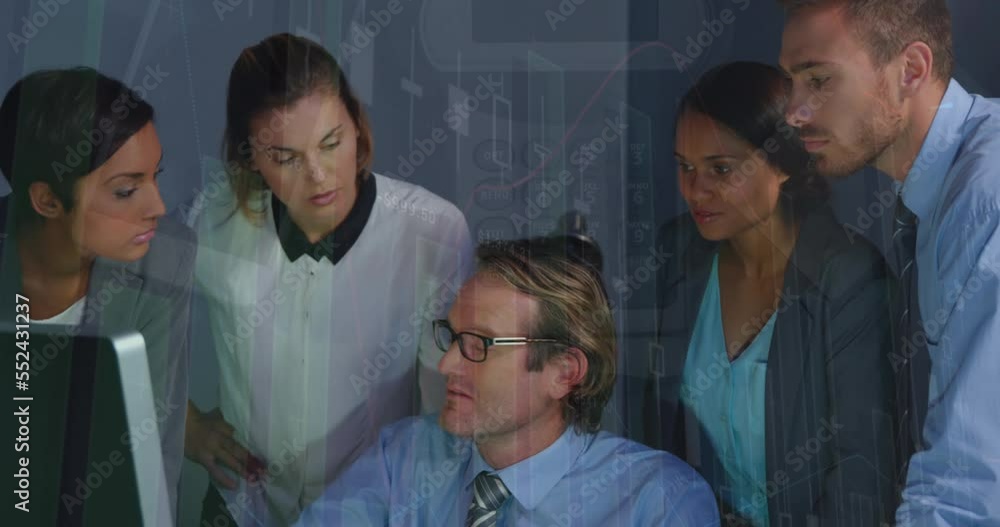 Poster animation of data processing against diverse businesspeople discussing over a computer at office