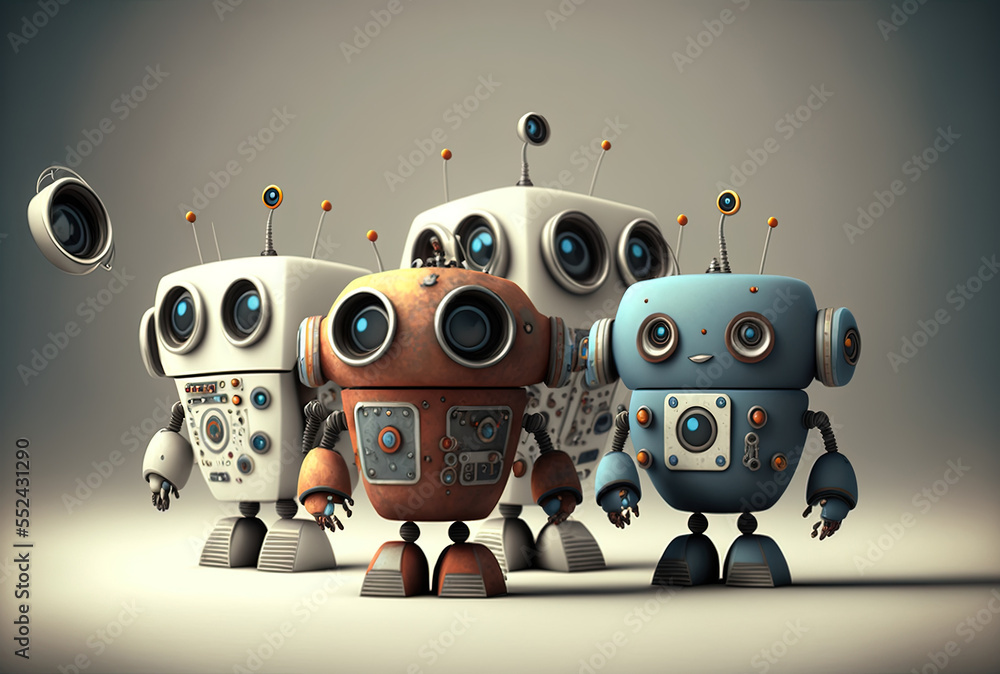 Poster a group of adorable artificially intelligent robots move in four directions. generative ai