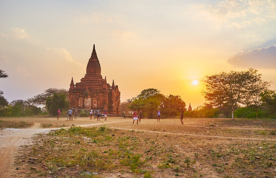 Caneball players in Bagan archaeological site, Myanmar