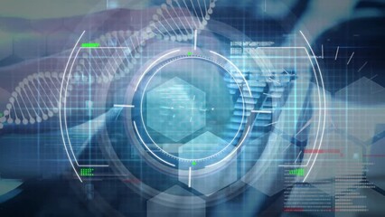 Animation of data processing and scope scanning with dna strand over hands typing on keyboard - Powered by Adobe
