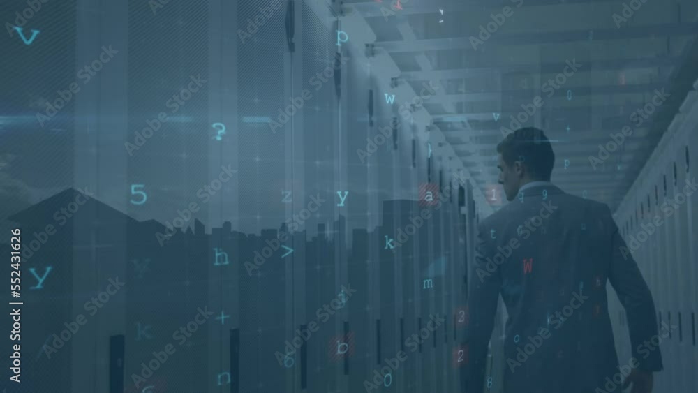 Aufkleber animation of data processing and cityscape over caucasian man in server room