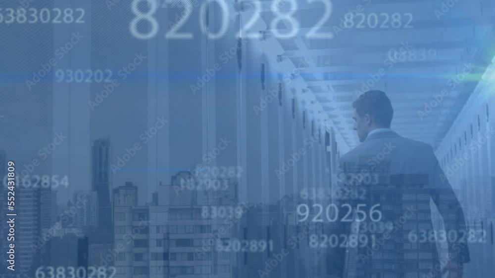 Wall mural Animation of data processing and cityscape over caucasian man in server room