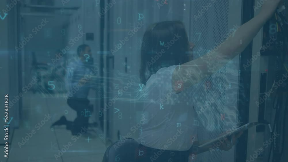 Poster animation of data processing over diverse people in server room