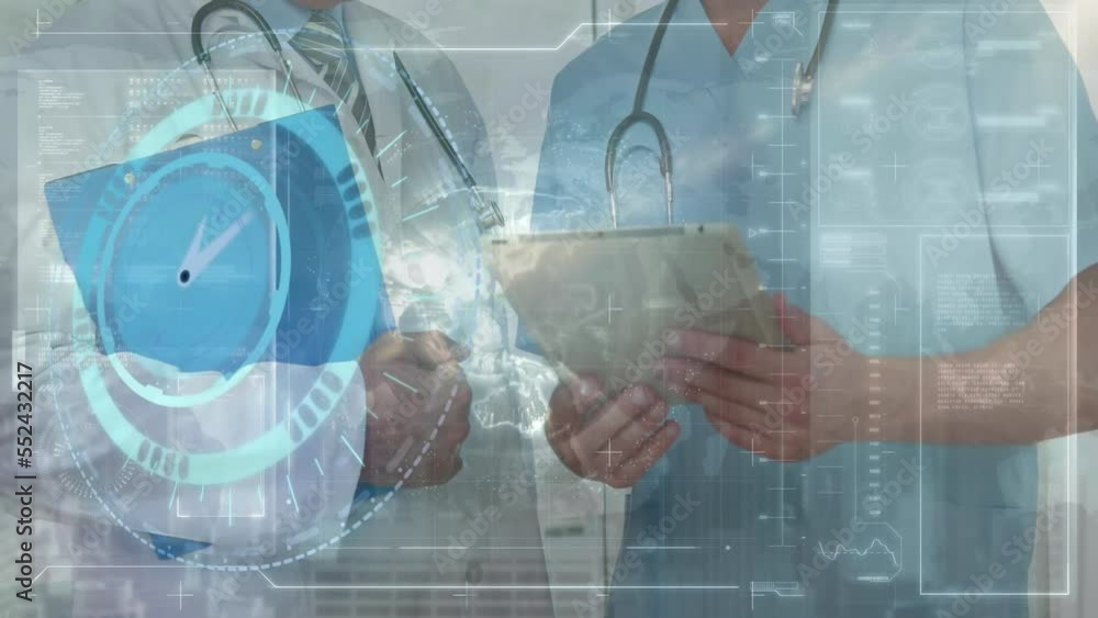 Poster animation of data processing over caucasian doctors using tablet