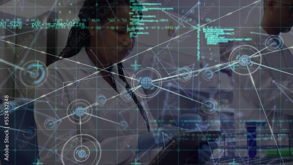 Poster animation of network of connections and data processing over diverse scientists in lab