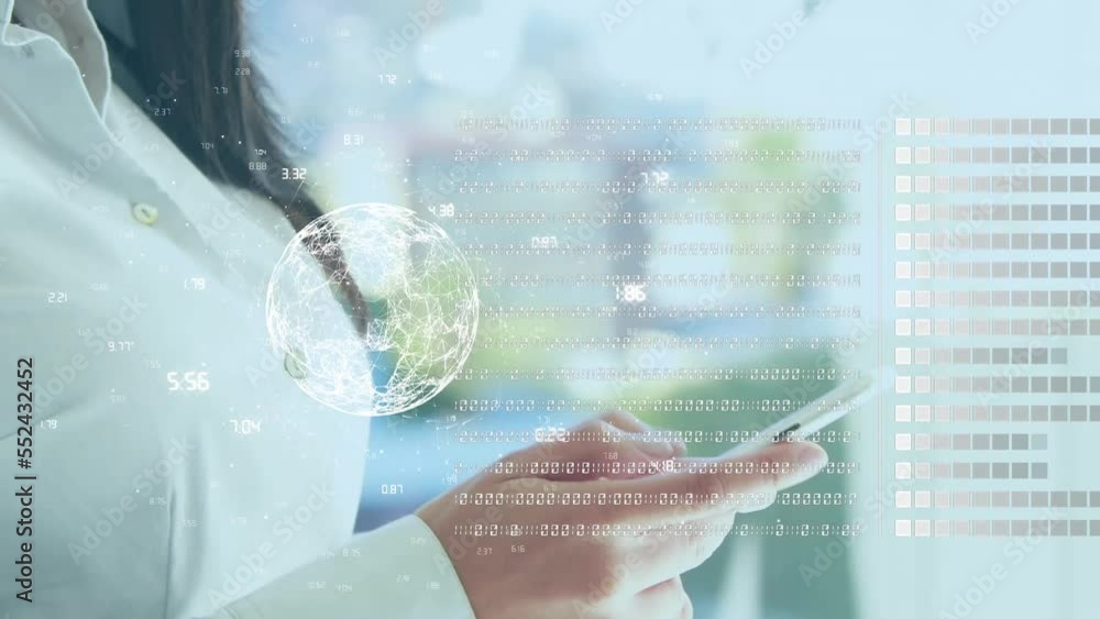 Poster animation of data processing and globe over asian woman using smartphone