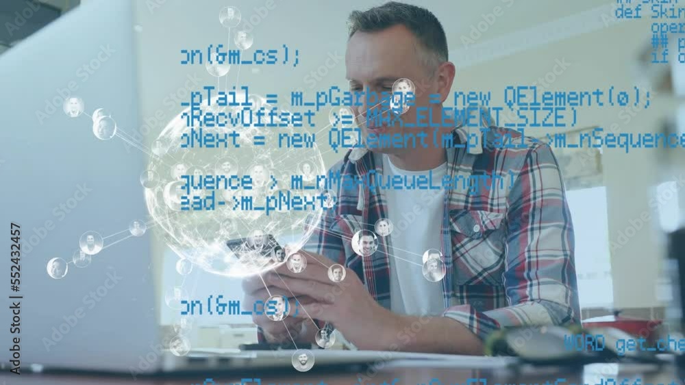 Poster animation of data processing and globe over caucasian man using smartphone