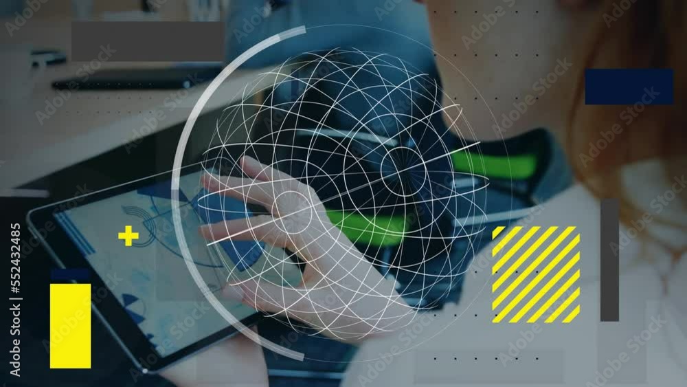 Aufkleber animation of data processing and globe over caucasian woman using tablet