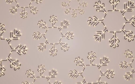 Image of christmas snowflakes falling on a beige background. 3d rendering, illustration